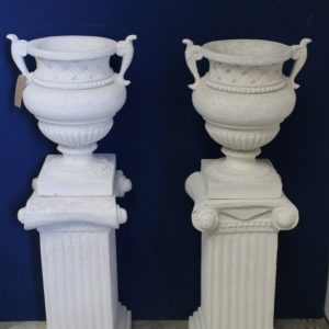 PAIR OF DECORATIVE GARDEN CHALICE URNS ON STANDS