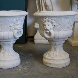 PAIR OF GARDEN URNS LION FACE
